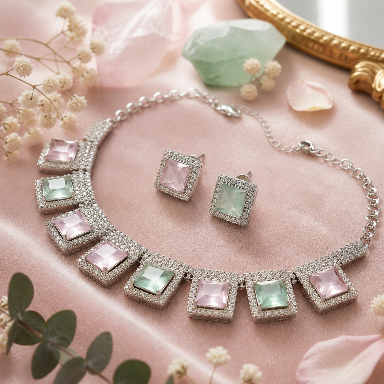 Jewelry set with necklace and earrings on a pink surface with flowers and crystals.