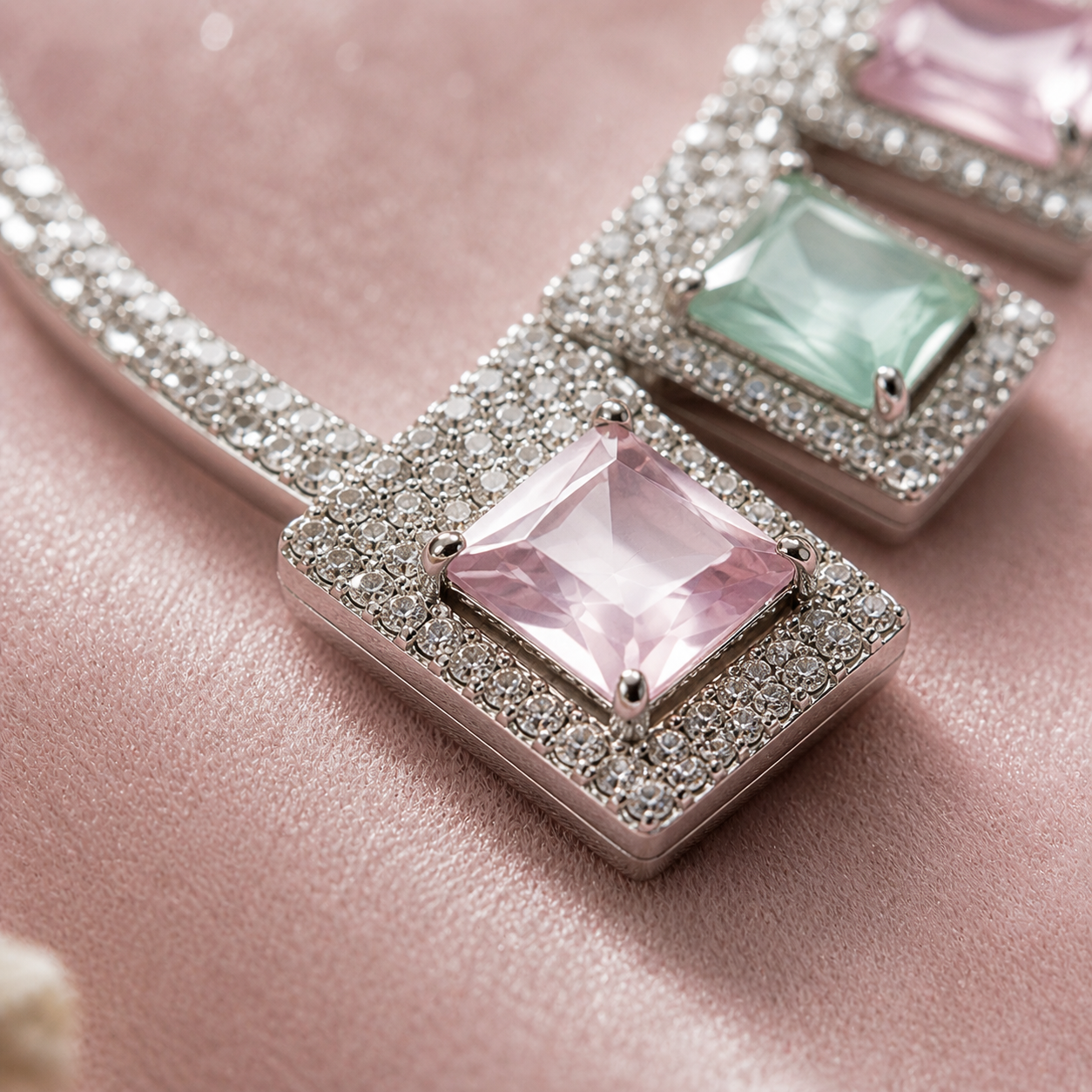 Close-up of a diamond-encrusted necklace with pink gemstones on a pink background