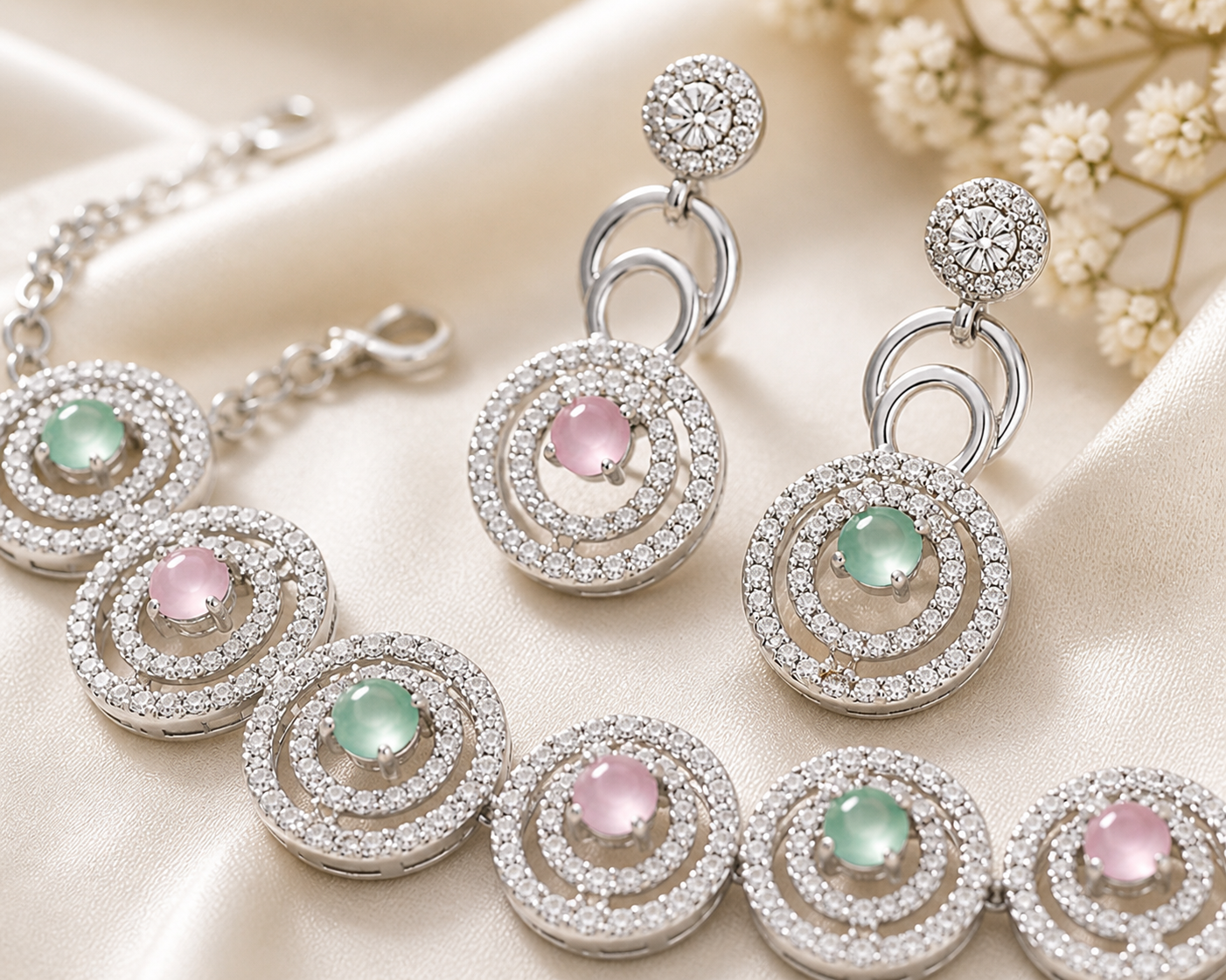 Silver jewelry set with gemstones on a beige fabric background